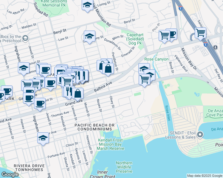 map of restaurants, bars, coffee shops, grocery stores, and more near 2166 Grand Avenue in San Diego