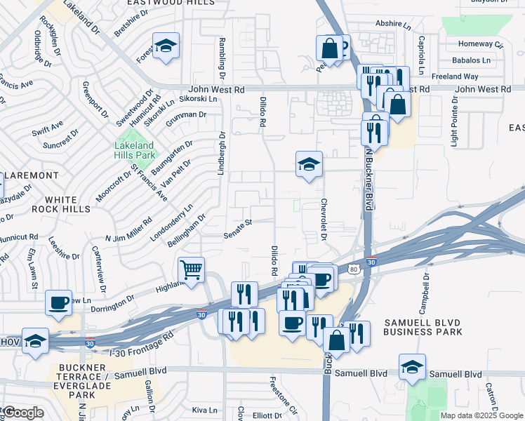 map of restaurants, bars, coffee shops, grocery stores, and more near in Dallas