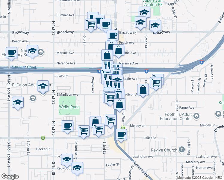 map of restaurants, bars, coffee shops, grocery stores, and more near 524 North 2nd Street in El Cajon