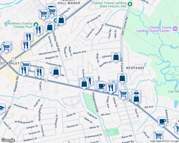 map of restaurants, bars, coffee shops, grocery stores, and more near 12 Plainfield Drive in Charleston