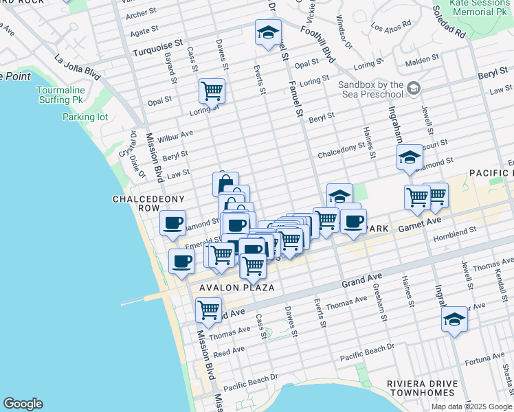 map of restaurants, bars, coffee shops, grocery stores, and more near 1096 Diamond Street in San Diego