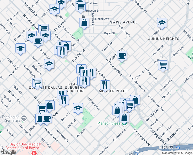 map of restaurants, bars, coffee shops, grocery stores, and more near 4930 Gaston Avenue in Dallas