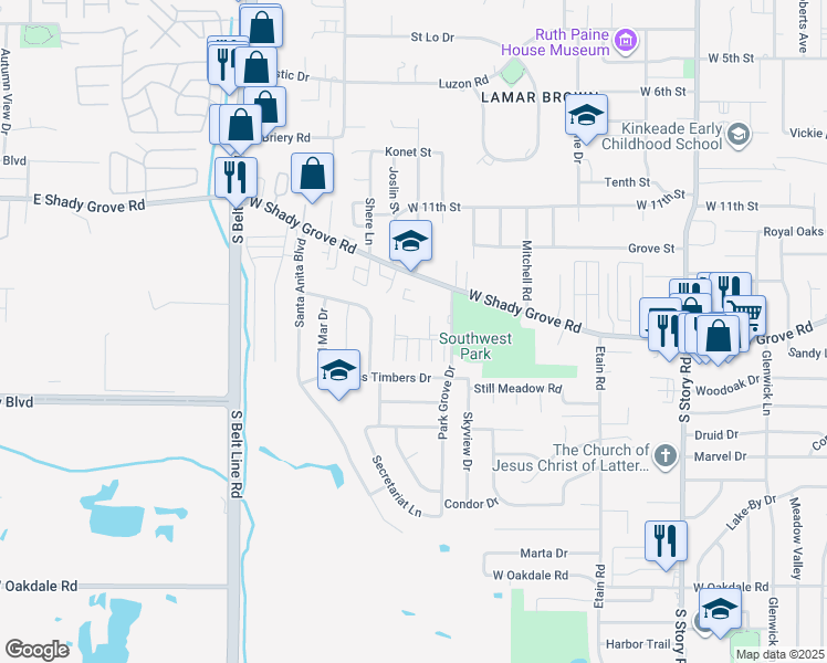 map of restaurants, bars, coffee shops, grocery stores, and more near 2952 Park Square Drive in Irving