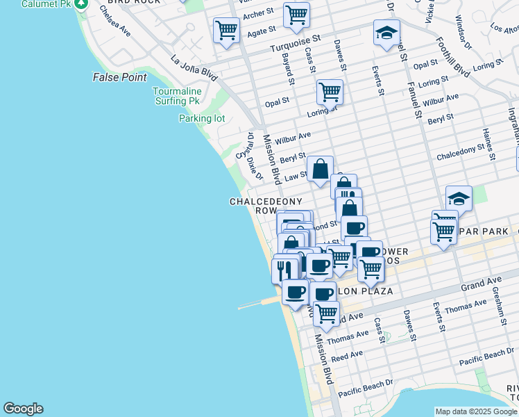 map of restaurants, bars, coffee shops, grocery stores, and more near 641 Chalcedony Street in San Diego