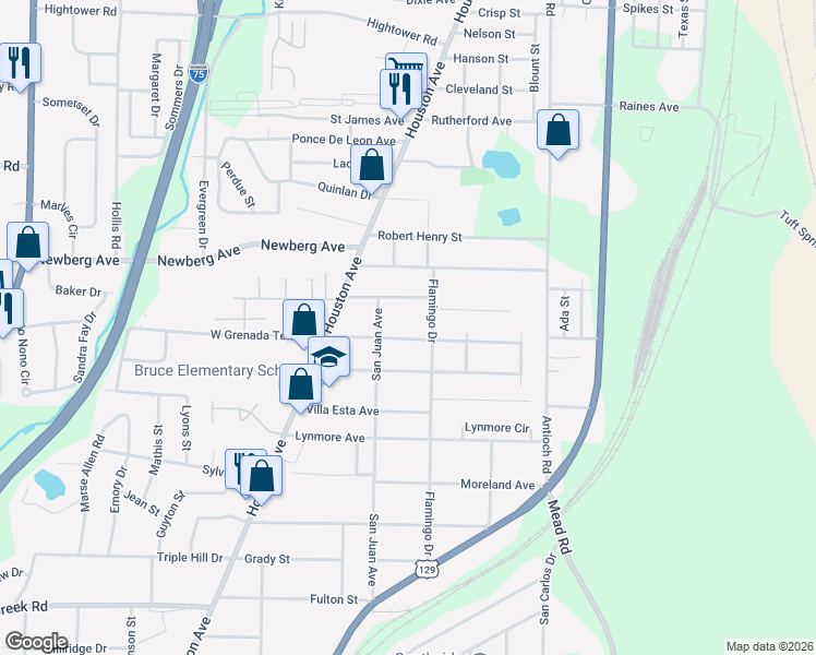 map of restaurants, bars, coffee shops, grocery stores, and more near 3495 Flamingo Drive in Macon