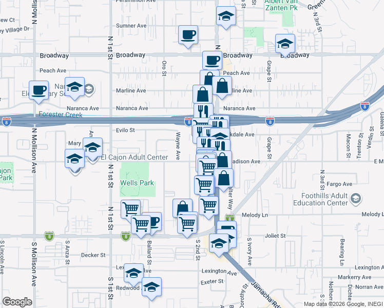 map of restaurants, bars, coffee shops, grocery stores, and more near 525 Shady Lane in El Cajon