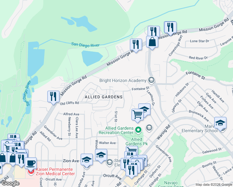 map of restaurants, bars, coffee shops, grocery stores, and more near 5109 Fontaine Street in San Diego