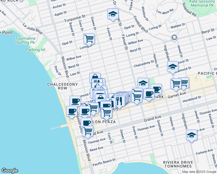 map of restaurants, bars, coffee shops, grocery stores, and more near 1096 Diamond Street in San Diego