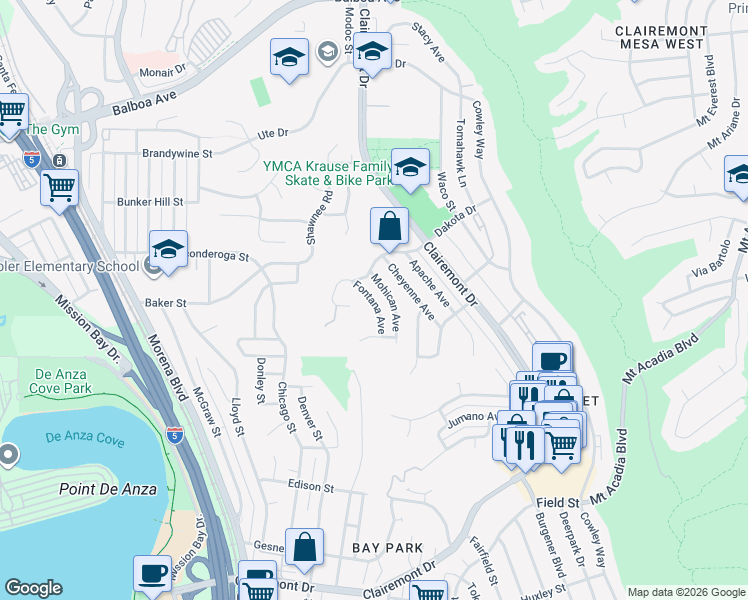 map of restaurants, bars, coffee shops, grocery stores, and more near 3311 Fontana Avenue in San Diego