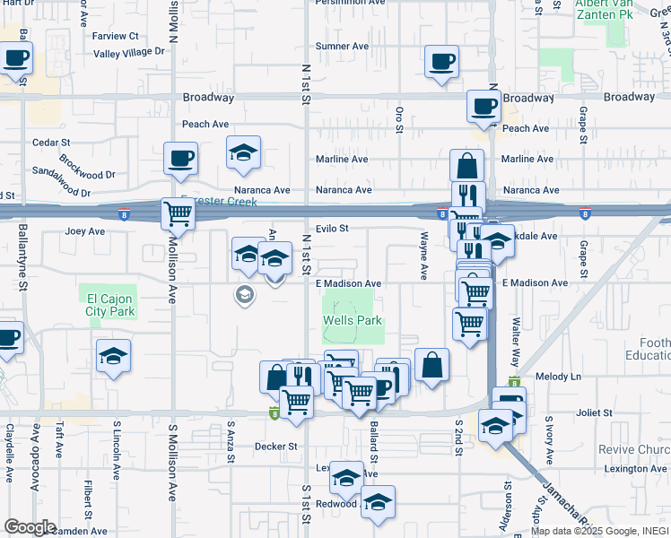 map of restaurants, bars, coffee shops, grocery stores, and more near 503 North 1st Street in El Cajon