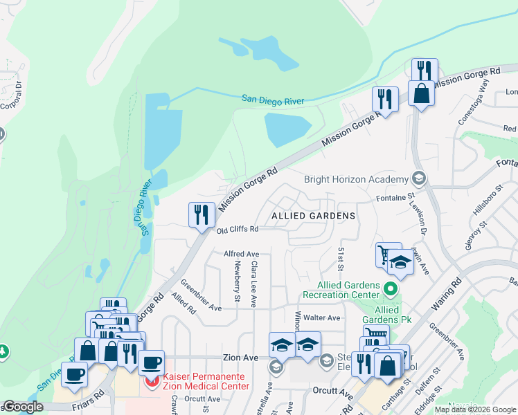 map of restaurants, bars, coffee shops, grocery stores, and more near 4850 Old Cliffs Road in San Diego