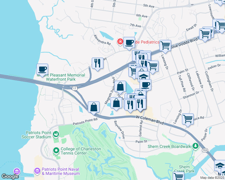 map of restaurants, bars, coffee shops, grocery stores, and more near Magrath Darby Boulevard in Mount Pleasant