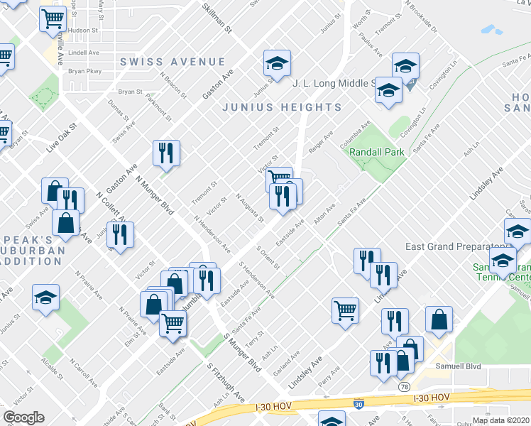 map of restaurants, bars, coffee shops, grocery stores, and more near 5511 Columbia Avenue in Dallas