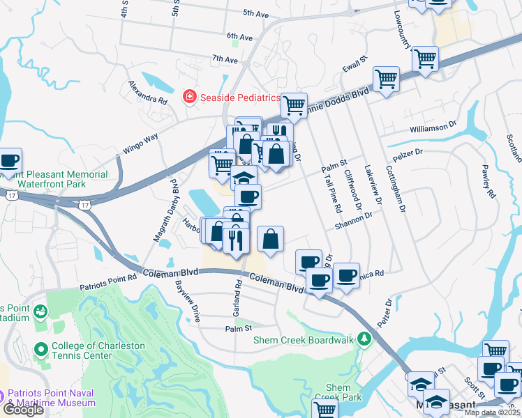 map of restaurants, bars, coffee shops, grocery stores, and more near 955 Houston Northcutt Boulevard in Mount Pleasant