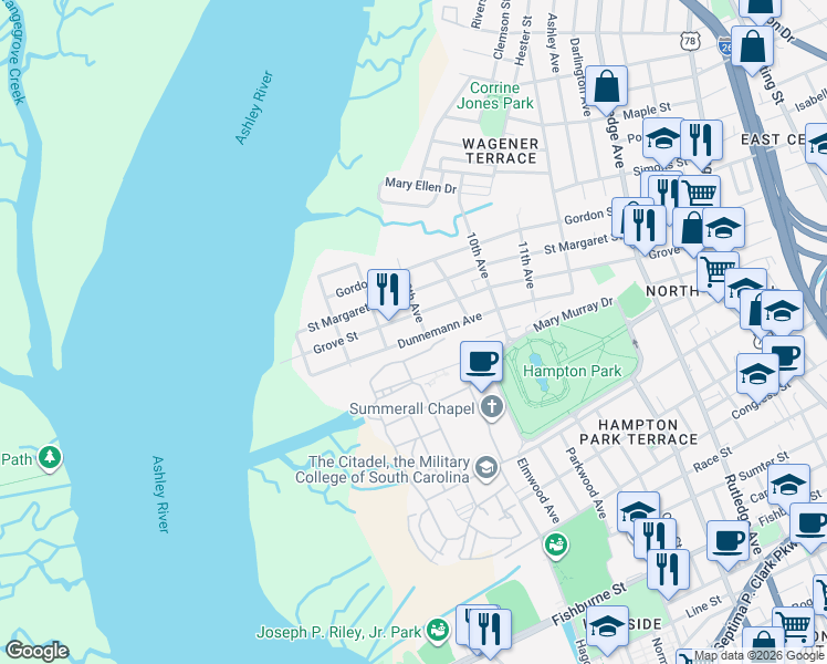 map of restaurants, bars, coffee shops, grocery stores, and more near 120 Dunnemann Avenue in Charleston