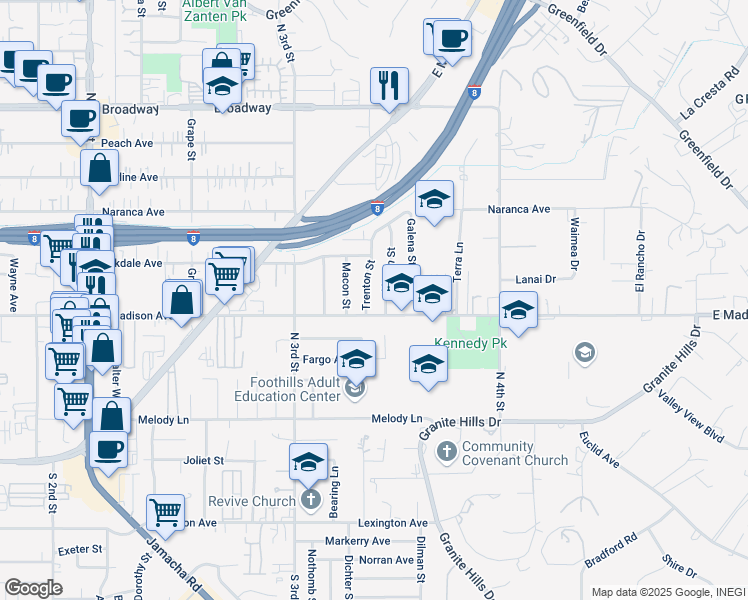 map of restaurants, bars, coffee shops, grocery stores, and more near 523 Trenton Street in El Cajon