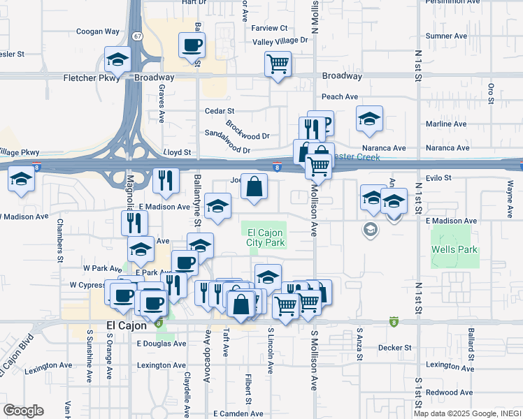 map of restaurants, bars, coffee shops, grocery stores, and more near 650 East Madison Avenue in El Cajon