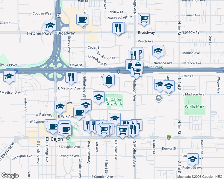 map of restaurants, bars, coffee shops, grocery stores, and more near 650 East Madison Avenue in El Cajon