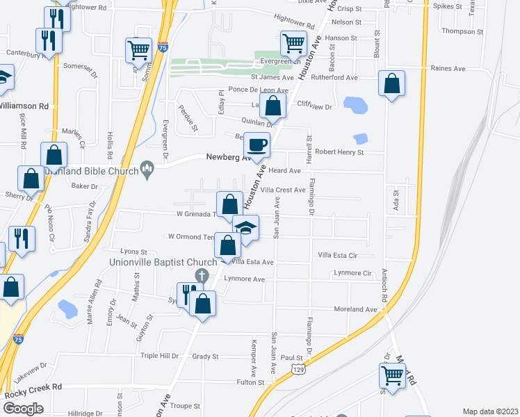 map of restaurants, bars, coffee shops, grocery stores, and more near 749 Grenada Terrace in Macon