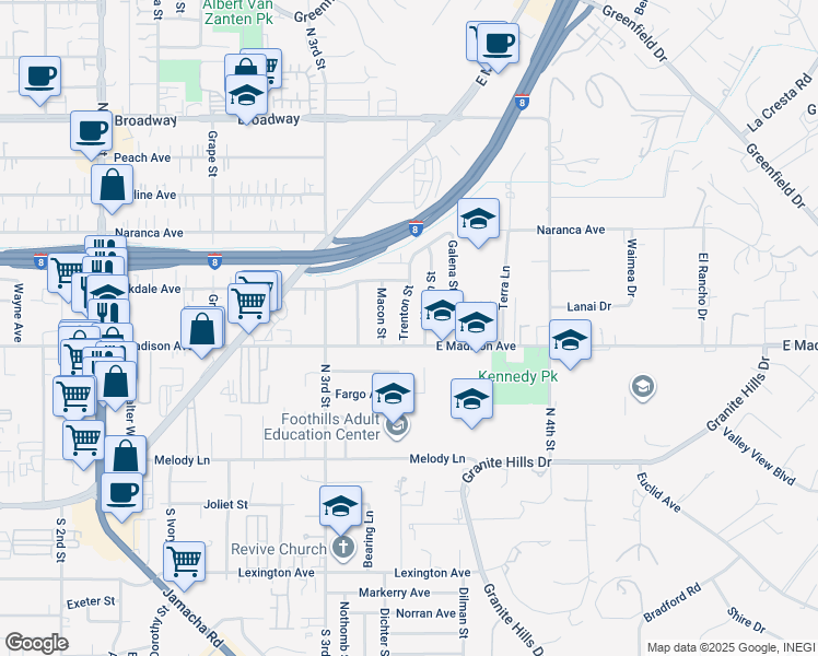 map of restaurants, bars, coffee shops, grocery stores, and more near 523 Trenton Street in El Cajon