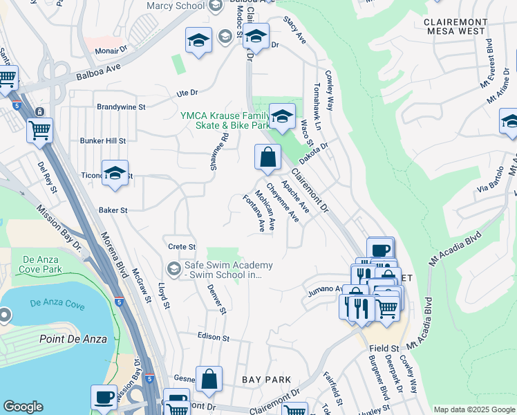 map of restaurants, bars, coffee shops, grocery stores, and more near 3311 Fontana Avenue in San Diego