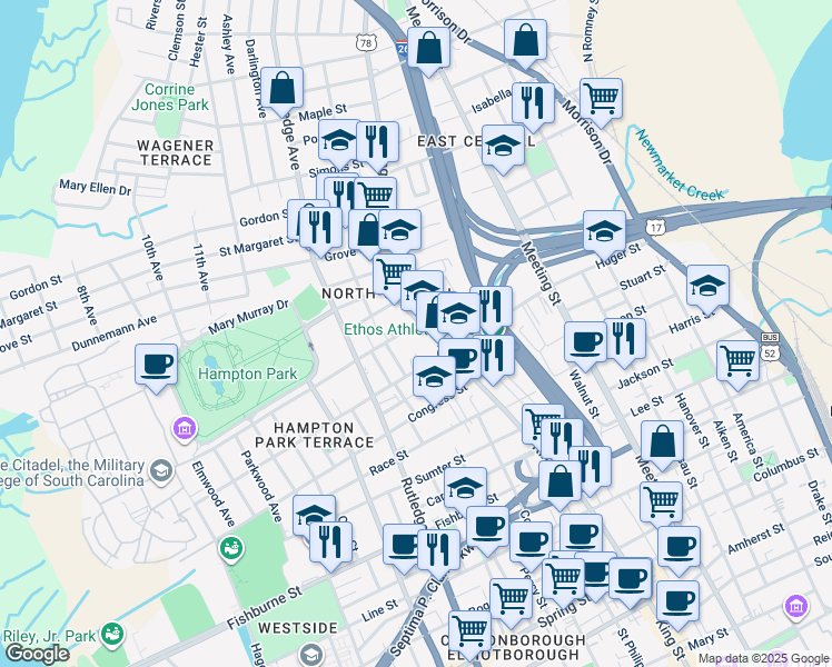 map of restaurants, bars, coffee shops, grocery stores, and more near 741 King Street in Charleston