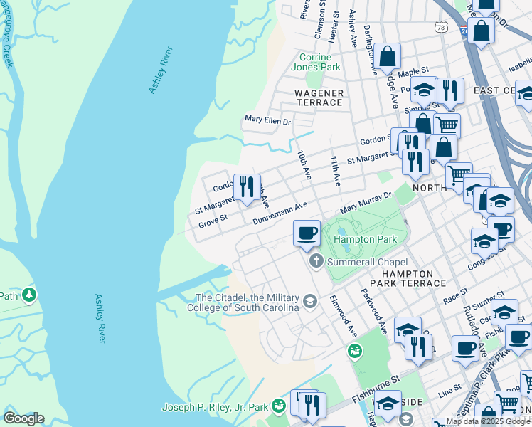 map of restaurants, bars, coffee shops, grocery stores, and more near 118 Dunnemann Avenue in Charleston