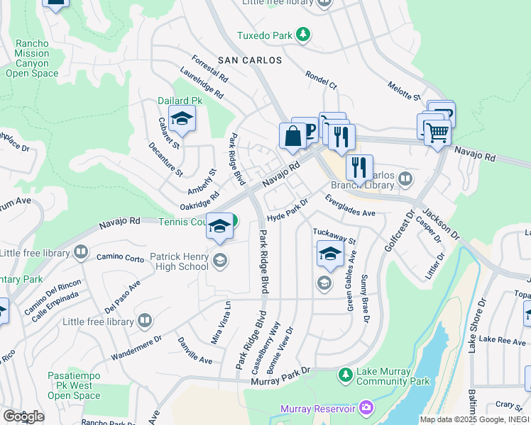 map of restaurants, bars, coffee shops, grocery stores, and more near 6812 Hyde Park Drive in San Diego