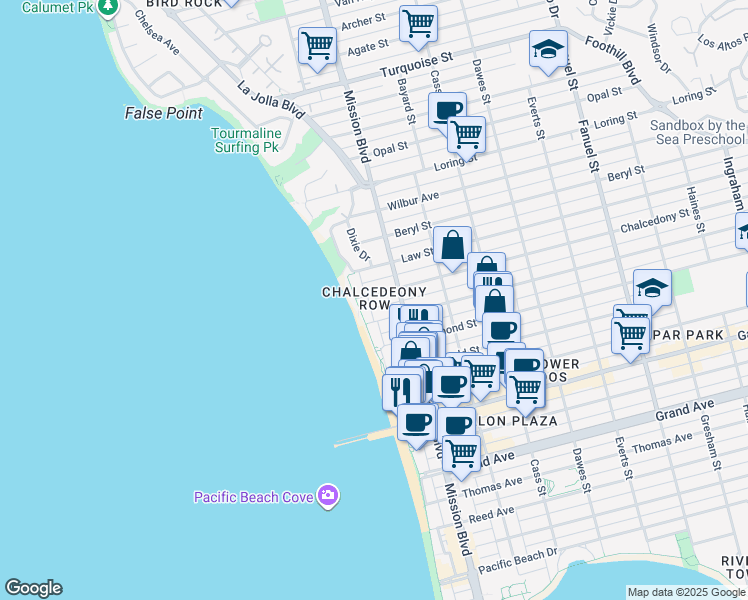 map of restaurants, bars, coffee shops, grocery stores, and more near 641 Chalcedony Street in San Diego