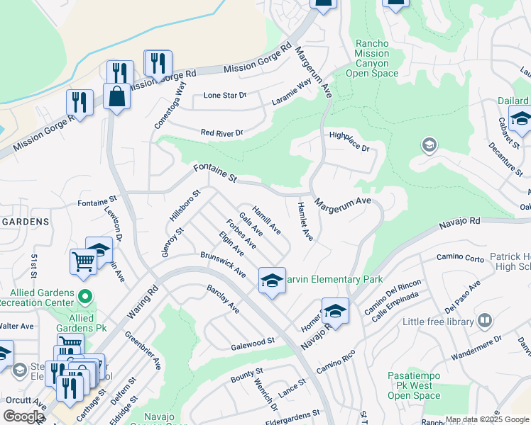 map of restaurants, bars, coffee shops, grocery stores, and more near 5586 Hamill Avenue in San Diego