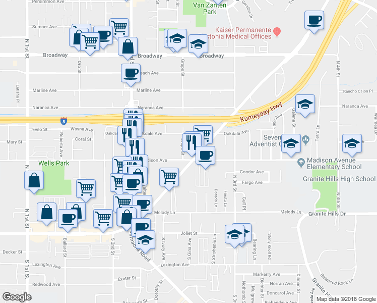 map of restaurants, bars, coffee shops, grocery stores, and more near 1406 East Madison Avenue in El Cajon