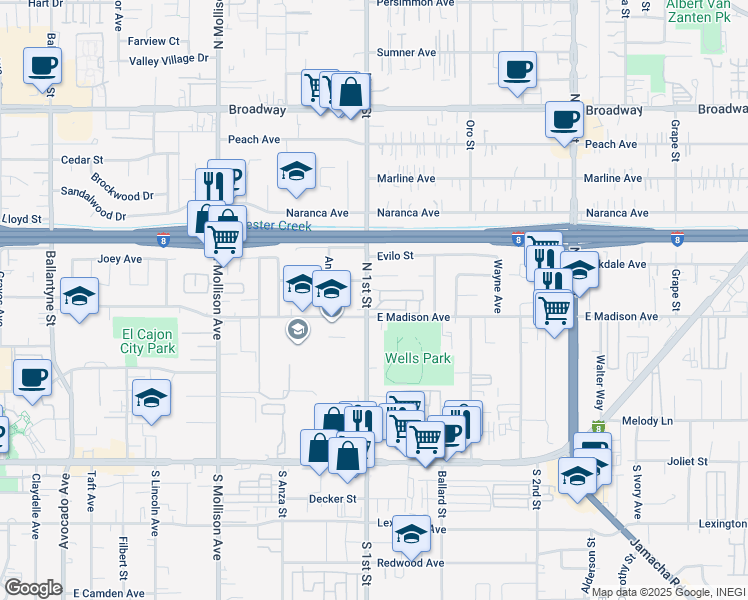map of restaurants, bars, coffee shops, grocery stores, and more near 503 North 1st Street in El Cajon