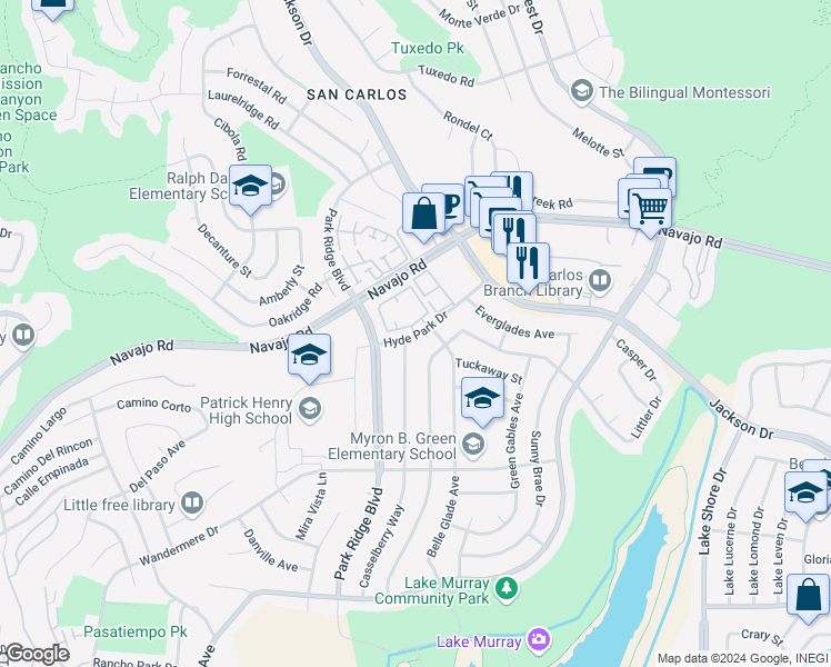 map of restaurants, bars, coffee shops, grocery stores, and more near 6963 Casselberry Way in San Diego