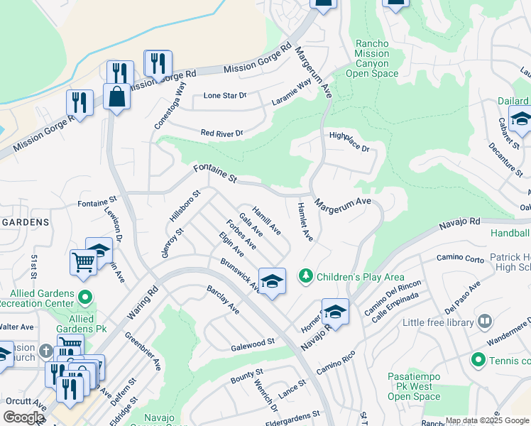 map of restaurants, bars, coffee shops, grocery stores, and more near 5586 Hamill Avenue in San Diego
