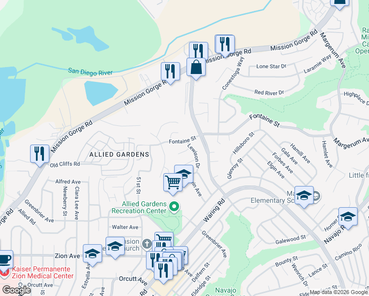 map of restaurants, bars, coffee shops, grocery stores, and more near 5263 Lewison Place in San Diego