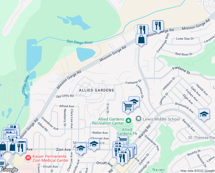 map of restaurants, bars, coffee shops, grocery stores, and more near 5013 Old Cliffs Road in San Diego