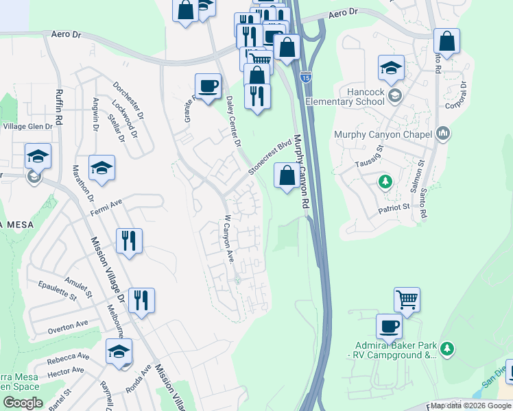 map of restaurants, bars, coffee shops, grocery stores, and more near 3047 West Canyon Avenue in San Diego