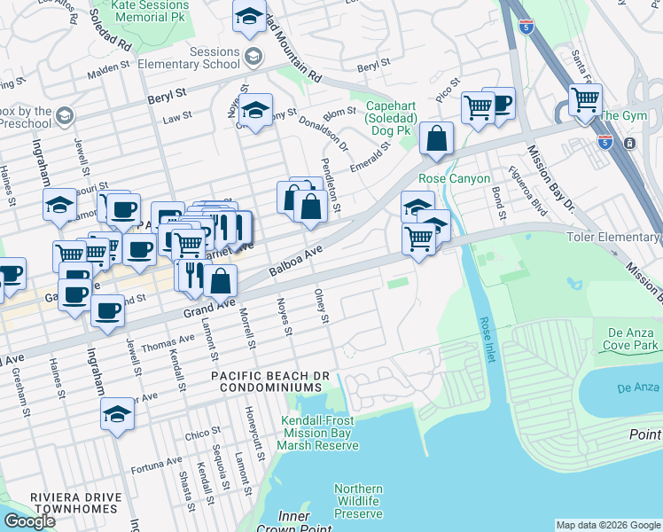 map of restaurants, bars, coffee shops, grocery stores, and more near 2241 Grand Avenue in San Diego