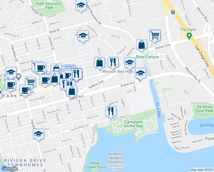 map of restaurants, bars, coffee shops, grocery stores, and more near 2241 Grand Avenue in San Diego