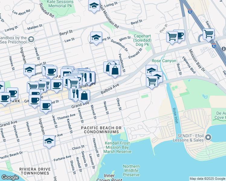 map of restaurants, bars, coffee shops, grocery stores, and more near 2166 Grand Avenue in San Diego