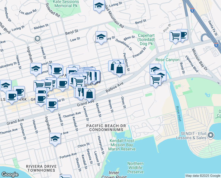 map of restaurants, bars, coffee shops, grocery stores, and more near 2131 Balboa Avenue in San Diego
