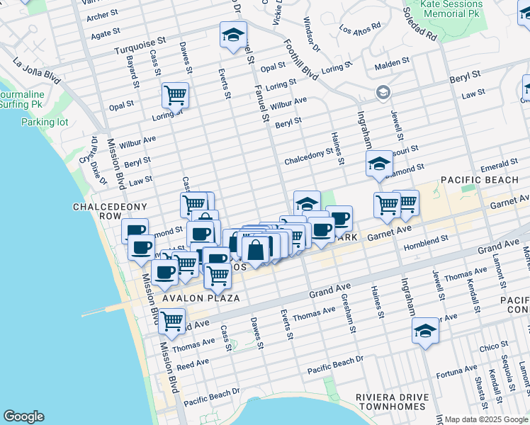 map of restaurants, bars, coffee shops, grocery stores, and more near 4660 Everts Street in San Diego