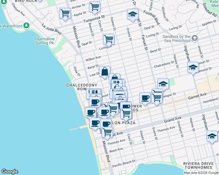 map of restaurants, bars, coffee shops, grocery stores, and more near 951 Missouri Street in San Diego