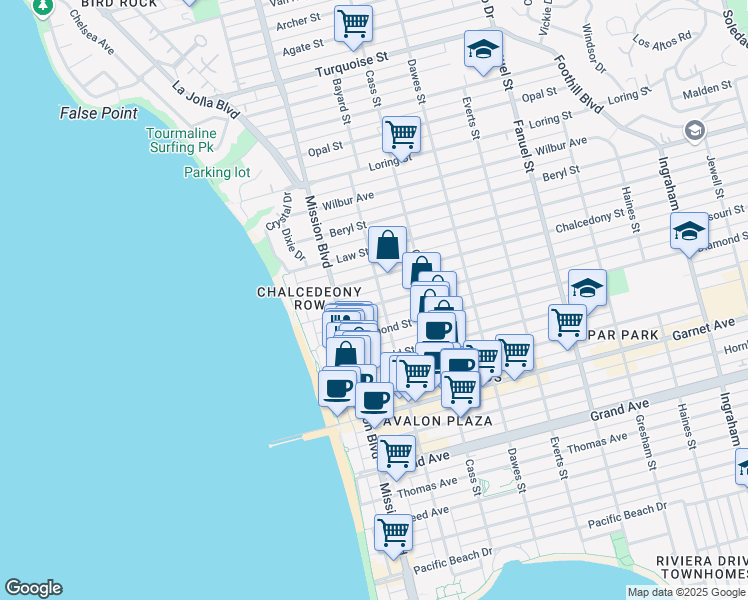 map of restaurants, bars, coffee shops, grocery stores, and more near 875 Missouri Street in San Diego