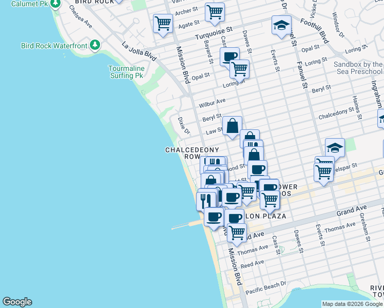 map of restaurants, bars, coffee shops, grocery stores, and more near 641 Chalcedony Street in San Diego