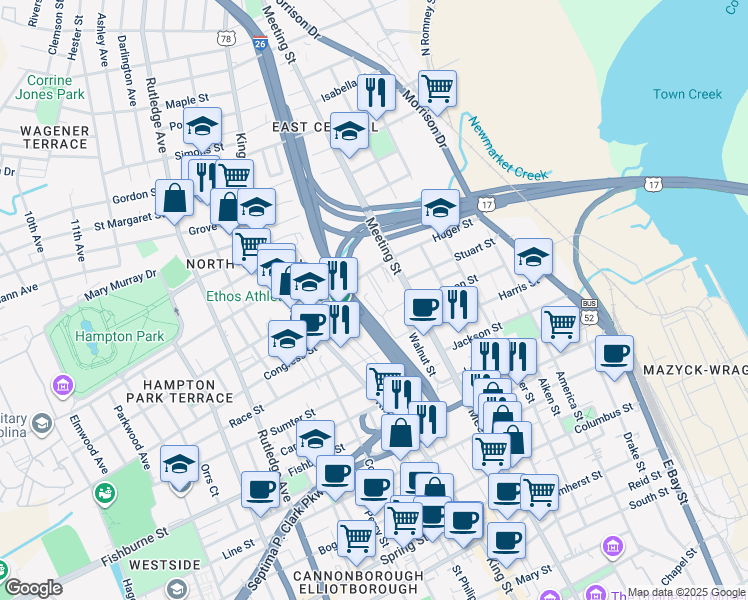 map of restaurants, bars, coffee shops, grocery stores, and more near 293 Huger Street in Charleston