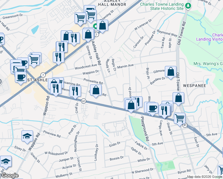 map of restaurants, bars, coffee shops, grocery stores, and more near 1423 Brian Road in Charleston