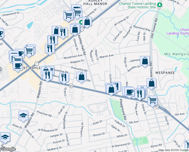 map of restaurants, bars, coffee shops, grocery stores, and more near 1423 Brian Road in Charleston