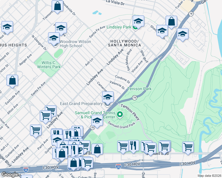 map of restaurants, bars, coffee shops, grocery stores, and more near 1016 Cameron Avenue in Dallas