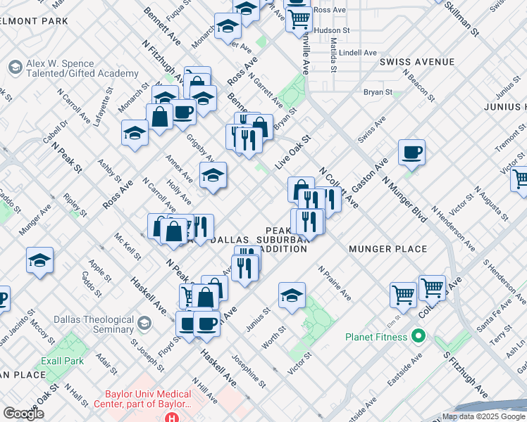 map of restaurants, bars, coffee shops, grocery stores, and more near 4803 Swiss Avenue in Dallas